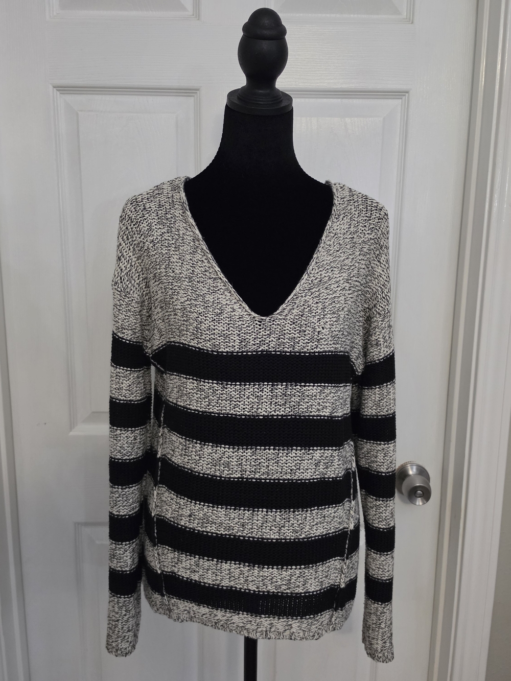 RDI Black and Gray Striped V-Neck Sweater
